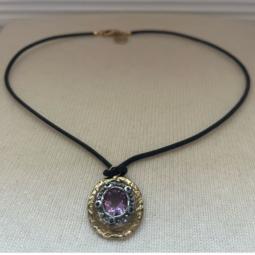 Gold/Silver Made Italy 🇮🇹 Pendant Necklace with Purple Gemstone - Picture 3 of 16